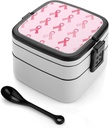 Breast Cancer Ribbon Lunch Box with Handle Stackable 2 Layer Leak-Proof Bento Box Portable Food Containers for Unisex