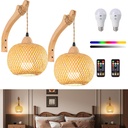 Battery Operated Wall Sconces Set of 2 with Remote, Boho Bamboo Rechargeable Rattan Wall Lights, Wireless Wall Lighting Fixtures for Bedroom, Farmhouse Battery Powered Wall Lamps