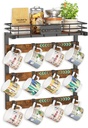 EsLuker.ly Coffee Mug Holder Wall Mounted Display Rack, Black Metal Cup Hanger Organizer with 12 Movable Plastic Hooks, Wood Rustic Shelf for Coffee Bar Home Kitchen, Thoughtful Wall Storage
