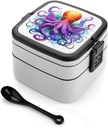 Stackable Double-Layer Bento Box Colorful Octopus Adults Lunchbox with Spoon Cute Japanese Bento Box Dishwasher Safe for Work Travel Dining Outc