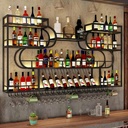 Wall Mounted Wine Rack with LED Light,Bar Shelves with Hanging Wine Glass Holder,Industrial Liquor Bottle Display Shelf,Metal Wine Storage Racks,Floating Shelves,for Kitchen Wine Cellar Home (C