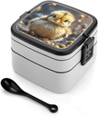 Chicken Chick Bento Box Double-Layer Bento Lunch Container with Spoon And Invisible Handle Adult Leak-Proof Lunchbox for Dining Out Work Picnics Travel