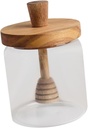 Glass Honey Dispenser Jar with Acacia Wood Lid and Integrated Dipper Stick Airtight Honey Storage Container for Home Kitchen and Party Use Transparent Syrup Pot Holder
