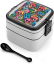 Colorful Skulls Print Bento Box Double Layer Lunch Box with Spoon And Handle All in One Stackable Lunchbox Adult Lunch Container for Women Men Work Picnic Camping