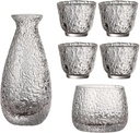 Glass Sake Set Japanese, Sake Pot Sake Cup Transparent Modern for Home Party and Great Gifts 4 Sake Cups +1Sake Pot + 1Vessel Cup for Heat Preservation or Refrigeration