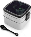 Adult Double-Layer Bento Box Black Cat Green Eyes Portable Lunch Box with Spoon And Invisible Handle Leakproof Microwave-Safe Food Container for Work Travel Camping