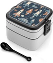 Cartoon Space Rocket Bento Box Adult Lunch Box All-in-One Lunch Containers with Removable Compartments Double Layer Bento Lunch Box with Spoon And Handle Stackable Lunchbox
