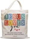 Christian Canvas Tote Bags for Women,Faithful Linen Tote Bag Gifts for Bible,2025 Church Bag Gifts for Christmas Baptism Birthday,After Sunday Service,Jesus Loves you-39