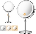 Makeup Mirror, 1X/30X Double Sided Magnifying Mirror/Switch with 3 Colors, 3200 mAh Rechargeable, 8" Lighted Makeup Mirror with Magnification, Adjustable Brightness, for Vanity or Bathroom