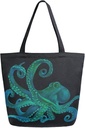 ALAZA Watercolor Octopus kraken Black Large Canvas Tote Bag Reusable Grocery Shopping Bag with Handles, Heavy Duty, Washable