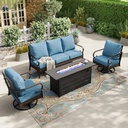 HERA'S HOUSE 4 Piece Patio Furniture Set with 56" Fire Pit Table, 2 x Swivel Cushioned Chair, 1 x 3-Seat Sofa, 5-Seats Outdoor Conversation Set for Lawn Garden Deck, Navy Blue