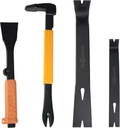 MANUFORE 4pcs Pry Bar Nail Puller Set, 12” Flat Pry Bar, 7.5” Flat Pry Bar, 12” Crow Bar with Hammer, 9” Chisel (Orange)