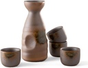 Urban Tokyo Japanese Sake 5 Piece Set Include 1 Sake Bottle and 4 Cups for Hot or Cold Sake Home or Restaurant Use Reactive Glazed Ceramic (Brown and Green)