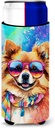 Caroline's Treasures Pomeranian Hippie Dawg Hugger for Ultra Slim Cans Can Cooler Sleeve Hugger Machine Washable Drink Sleeve Hugger Collapsible Insulator Beverage Insulated Holder
