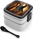 Instrumental Guitar Bento Box Adult Lunch Box All-in-One Lunch Containers with Removable Compartments Double Layer Bento Lunch Box with Spoon And Handle Stackable Lunchbox