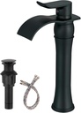 Vessel Sink Faucet Matte Black Waterfall Tall Bathroom Bowl Sink Vanity Lavatory Mixer Tap with Pop Up Drain Without Overflow Combo Single Hole Single Handle Commercial Farmhouse