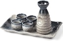 Japanese Sake Set with Tray, 6-Piece Hand-Drawn Porcelain Cups and Pot, Traditional Ceramic Craft, Perfect for Sake Lovers