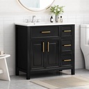 Merax 36" Bathroom Vanities Cabinet with Undermount Left-Located Sink, Three Drawers and Two Doors, Solid Wood & MDF Board, Black