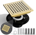 6 Inch Square Shower Drain with Flange,Brushed Gold Shower Drain SUS 304 Stainless Steel Shower Floor Drain,Grid Quadrato Modern Bathroom Drain for Shower