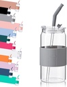 ColoVie Glass Tumbler with 3 IN 1 Lids and Glass Straws(Extra Silicone Tips), Silicone Protective Sleeve, Iced Coffee Cup, Travel Water Bottle, Soda Beer Can Cups, Hot Tea-Gray 16oz 1pc