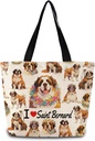 I Love Saint Bernard Tote Bag Reusable Grocery Bags Aesthetic Shopping Shoulder Handbag with Interior Zipper Pocket Stylish I Love Saint Bernard Present for Dog Mom Women