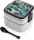 Azurite Teal And Foil Gold Oil Marble Pattern Bento Box for Adults Double Layer Lunch Box with Spoon And Invisible Handle Microwave Dishwasher Safe Leak Proof Meal Prep Lunch Containers for Office Pic