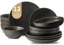 Dinnerware Sets, Stoneware Plates and Bowls Sets, Farmhouse 12 Piece Dish Set for 4, Ceramic Plates Set for Kitchen, Scratch Resistant, Dishwasher & Microwave Safe, Matte Black