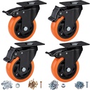 4" Caster Wheels, Casters Set of 4 Heavy Duty - Orange Polyurethane Castors, Top Plate Swivel Wheels, 4-Pack Industrial Casters with Brake, Locking Caster for Furniture and Workbench