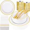 GATHER 350PCS White and Gold Plastic Plates - Disposable Plastic Dinnerware Set Include 50 Dinner Plates, 50 Dessert Plate, 150 Silverware, 50 Napkins, 50 Cups for Party & Wedding & Thanksgiving