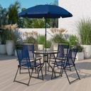 BizChair 6 Piece Navy Patio Garden Set with Umbrella Table and Set of 4 Folding Chairs