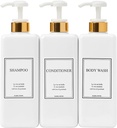 Modern Gold Design Large 27 oz Shampoo and Conditioner Dispensers - Empty Plastic Refillable Pump Bottle Set for Bathroom Shower Soap Dispenser, Gift Box Included, Set of 3 (White)
