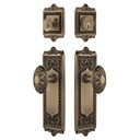 Nostalgic Warehouse Egg & Dart Entry Set with Victorian Knob in Antique Brass-2 3/8" Backset-Universal Handing