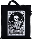 Halloween Tote Bags the Reader Gothic Book Tote Bag Skeleton Book Lover Gifts for Women Canvas Bag Witchy Skull Goth Tote Bag Aesthetic Bookish Merch Halloween Spooky Gifts for Women Men Readers