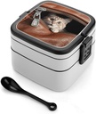 Adult Double-Layer Bento Box Cat Peeks Out Portable Lunch Box with Spoon And Invisible Handle Leakproof Microwave-Safe Food Container for Work Travel Camping