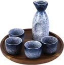 Japanese Sake Set Ceramic Sake Bottle and Sake Cups with Wooden Tray for Home or Restaurant (1 pot 4 cups)