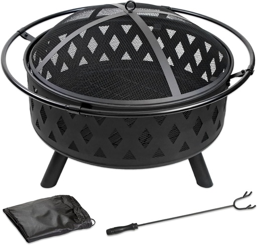 [BRSRE2QFCV7GEFDF] 32 Inch Fire Pit Outdoor Burning Stove, 2 in 1 Metal Round Fireplace for Outside Bonfire Party, BBQ, Camping, Backyard, Patio, Garden w/Fire Poker, Spark Screen, Grate, Cover (Rhombic)