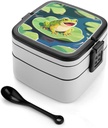 Frog in The Pond Bento Box 1000ml Leak Proof Lunch Container with Removable Dividers & Spoon - BPA-Free PP Stackable Lunch Box for Work, Office, Picnic, Travel, Dining Out