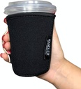 Lit Handlers 12 oz Coffee Cup Sleeve - Neoprene Cup Holder with Handle & Pocket - Reusable Beverage Insulator Sleeves for Hot & Cold Drinks - Water Resistant Drink Covers Cups (Black w/Neon Pink)
