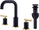 TRUSTMI Brass Bathroom Faucet 2 Handle 8 Inch Widespread Vanity Sink Mixer Faucet with Overflow Pop Up Drain Assembly, Matte Black and Brushed Gold