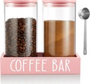 Pink Coffee Canister for Ground Coffee - 2 Pack 45oz Glass Coffee and Sugar Container Set with Airtight Lids and Tray - Pink Coffee Bean Storage Jars for Coffee Bar Kitchen Decor and Accessories
