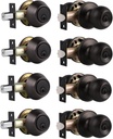 Probrico Door Knob with Double Cylinder Deadbolt, Oil Rubbed Bronze Door Entry Handle with Lock and Keys,Round Reversible Door Handle Set, Keyed Alike(4Pack)