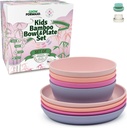 Grow Forward Bamboo Kids Plates and Bowls Sets - 8-Piece Dishwasher Safe Non Toxic Plates for Kids - Reusable Eco Friendly BPA Free Dishes Dinnerware Sets for Children - Floral