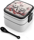 Personalize Double Layer Bento Box Cat And Cherry Lunch Box - Durable, Leak-Proof with Spoon Adult Premium Bento Case for Work Travel Camping