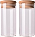 QUUPY 2 PCS Clear Glass Canister Food Storage Jar With Airtight Wood Lids Air Tight Storage Containers for Coffee Bean Loose Leaf Tea Containers Sugar Dry Fruit Nuts Candy Jars size 350ML/11.7oz