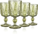 Joeyan Green Vintage Glass Wine Goblet,10 oz Embossed Stemmed Wine Glasses with Floral Design,Colored Drinking Glasses for Christmas Party Wedding Table Decor,Set of 4,Dishwasher Safe