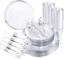 LIYH 210 Pcs Rolled Plastic Silverware Dinnerware Sets - Clear Disposable Heavyduty Plastic Disposable Plates for Wedding Party Silver Rimmed Cups 30 Guests