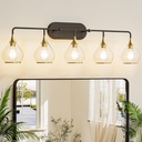 TETOTE 5-Light Modern Bathroom Light Fixtures, Over Mirror Black & Gold Wall Lamp with Clear Glass
