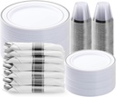 BESTVIP 350PCS Silver Plastic Dinnerware Set, Disposable Party Plates for 50 Guests, Include: 100 Plastic Plates, 50 Pre Rolled Napkins with Silver Silverware, 50 Cups