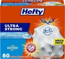 Hefty Ultra Strong 13 Gallon Trash Bags, Tall Kitchen Trash Bags 13 Gallon Size, Drawstring Closure, Continuous Odor Control, White, Clean Burst Scent, 80 Bags