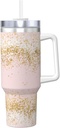Blush Pink White Gold Confetti Sparkle 40 Oz Tumbler With Handle And Straw Lid, Insulated Reusable Stainless Steel Travel Mug Iced Tea Or Coffee, Smoothie And More